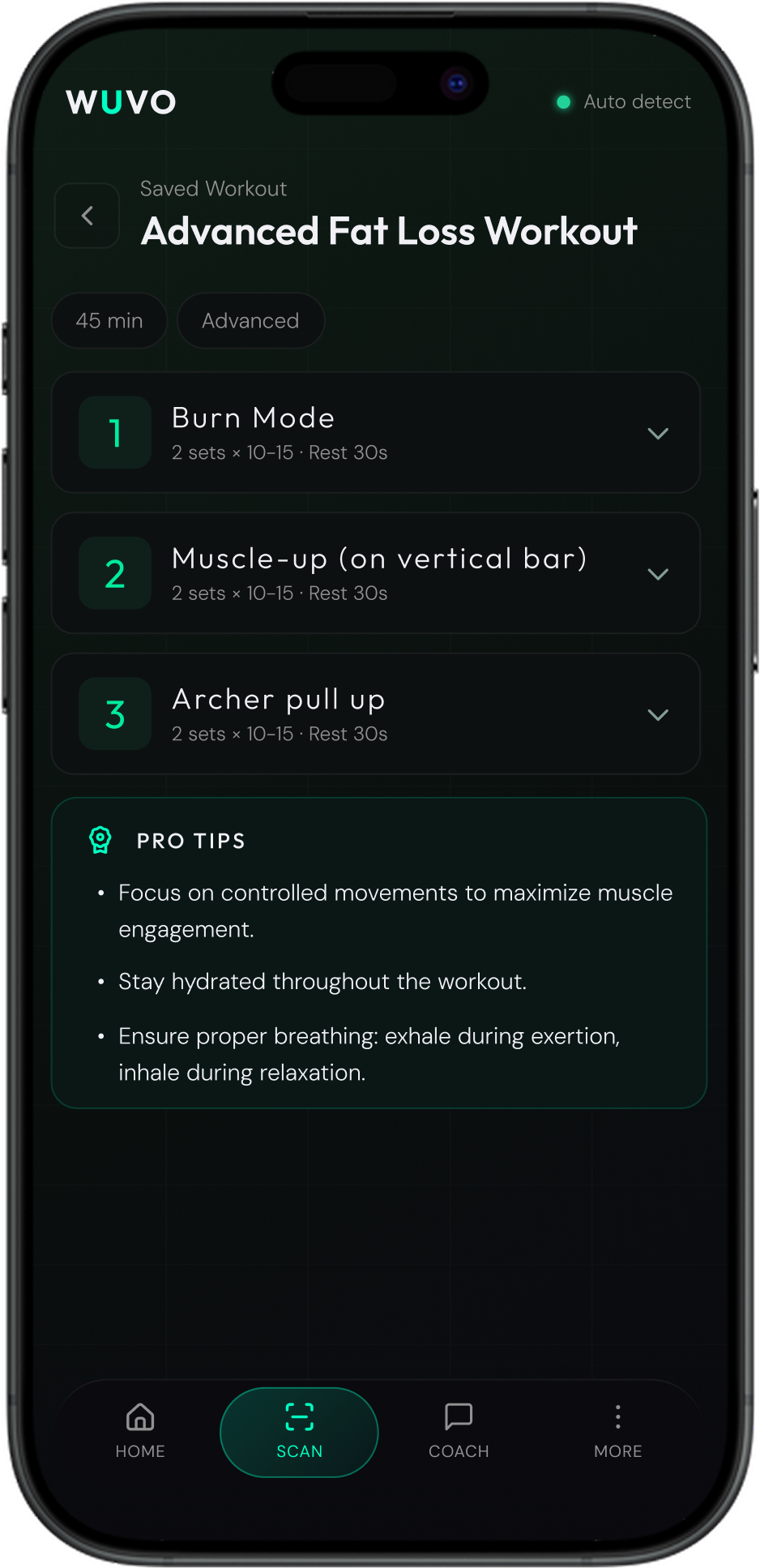 AI-generated workout plan with exercises, sets, and reps